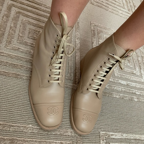 chanel lace up boots beige